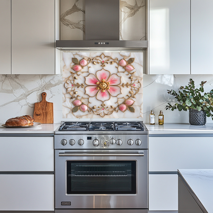 Pink&Gold Pattern Marble Look One Piece Tempered Glass Kitchen Splashback For Stove Behind, Kitchen Backsplash, Kitchen Backsplash, Wall Art