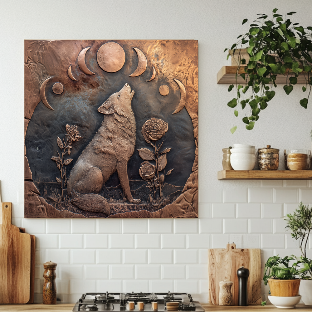 Copper Embossed Look Wolf Glass Backsplash • Wild Nature Kitchen Panel • Artistic Textured Style • Animal Decorative Panel
