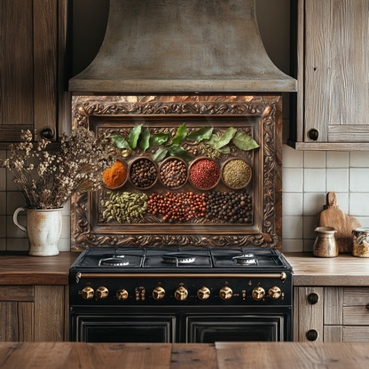 Copper Look Spice Bowls Print One Piece Tempered Glass Kitchen Splashback For Stove Behind, Kitchen Backsplash, Wall Art