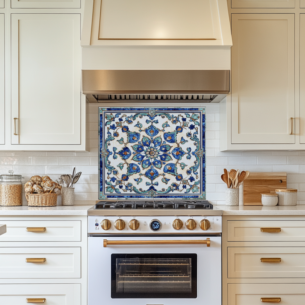 Ottoman Patterns One Piece Tempered Glass Kitchen Splashback For Stove Behind, Kitchen Backsplash, Wall Art