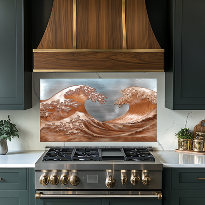 Copper Look Ocean Wave Glass Backsplash • Coastal Wall Art Panel • Artistic Blue Water Kitchen Decor • Textured Inspired Ocean Tile