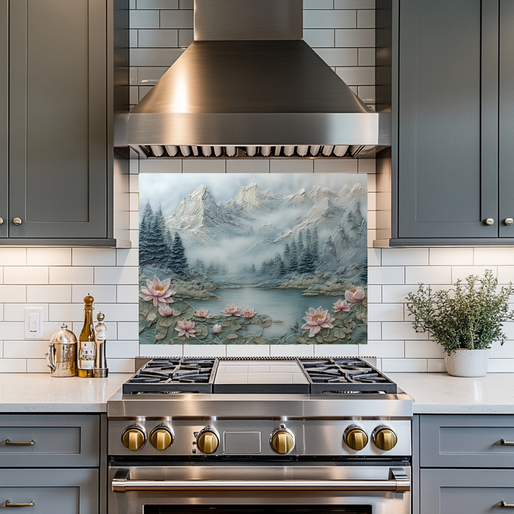 Made in USA, Floral Landscape Tempered Glass Backsplash Behind Stove & Wall Art – Rustic Pine Tree Splashback