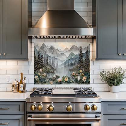Made in USA, Floral Landscape Glass Backsplash & Wall Art – Pine Tree Splashback