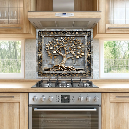 Carved Look Tree of Life Print One Piece Tempered Glass Kitchen Splashback For Stove Behind, Kitchen Backsplash, Wall Art