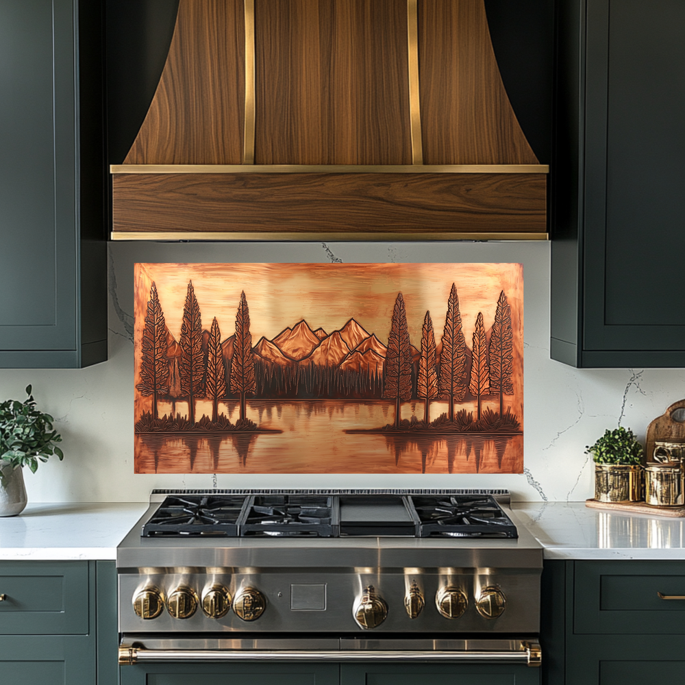 Copper Tone Mountain & Glass Tree Landscape Printed Tempered Glass Kitchen Backsplash Splashback or Wall Art Panel