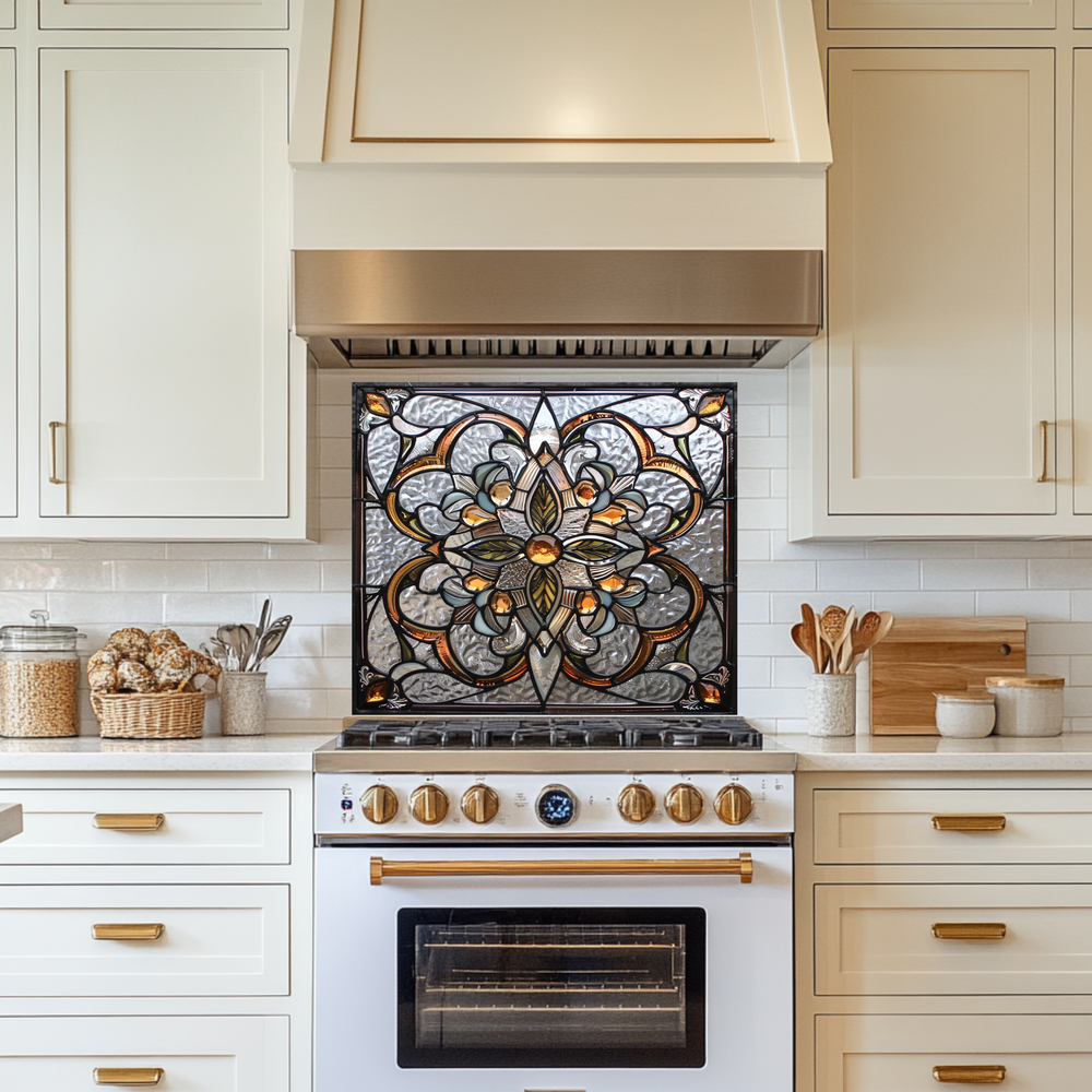 Stained Glass Look One Piece Tempered Glass Kitchen Splashback For Stove Behind, Kitchen Backsplash, Wall Art