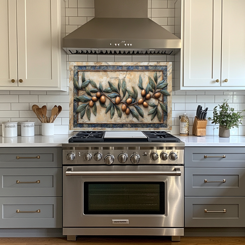 Copper Look Olive Branches One Piece Tempered Glass Kitchen Splashback For Stove Behind, Kitchen Backsplash, Wall Art