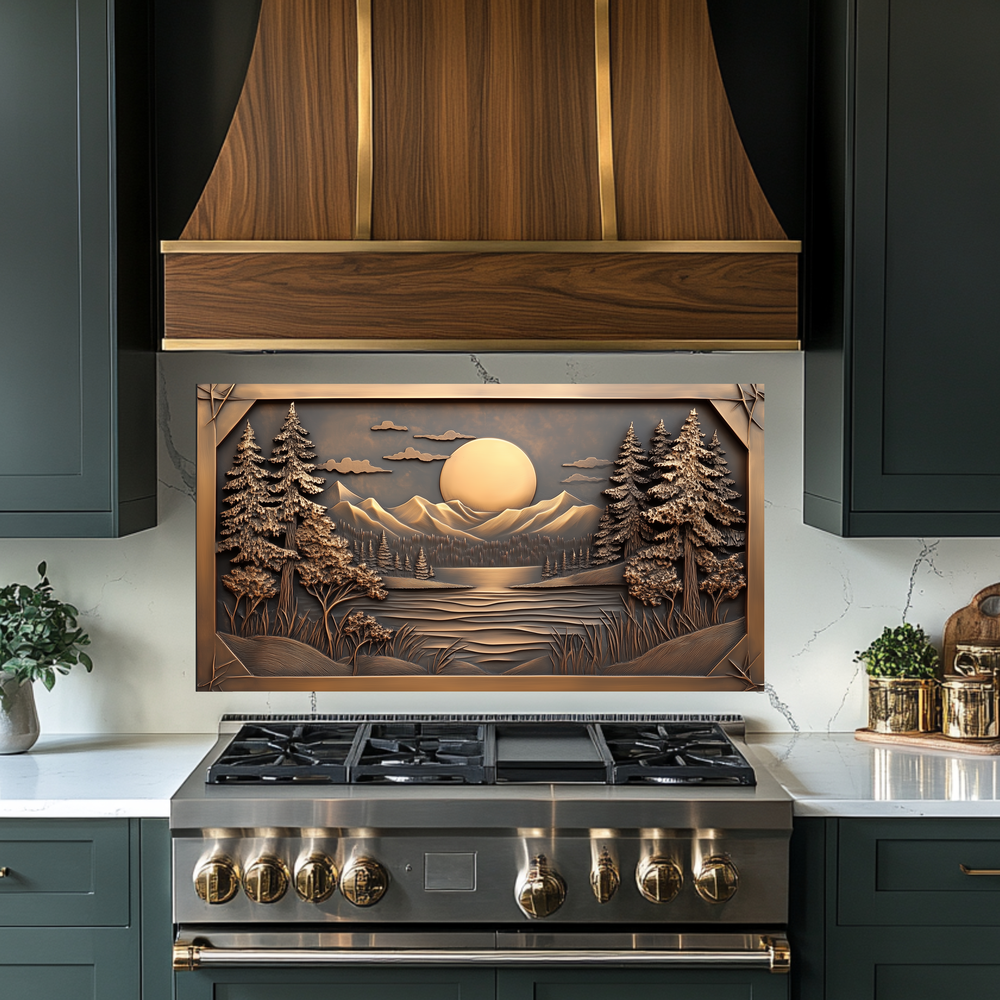 Copper Look Landscape Printed Tempered Glass Kitchen Splashback Backsplash Decorative Wall Art Panel for Modern Interiors