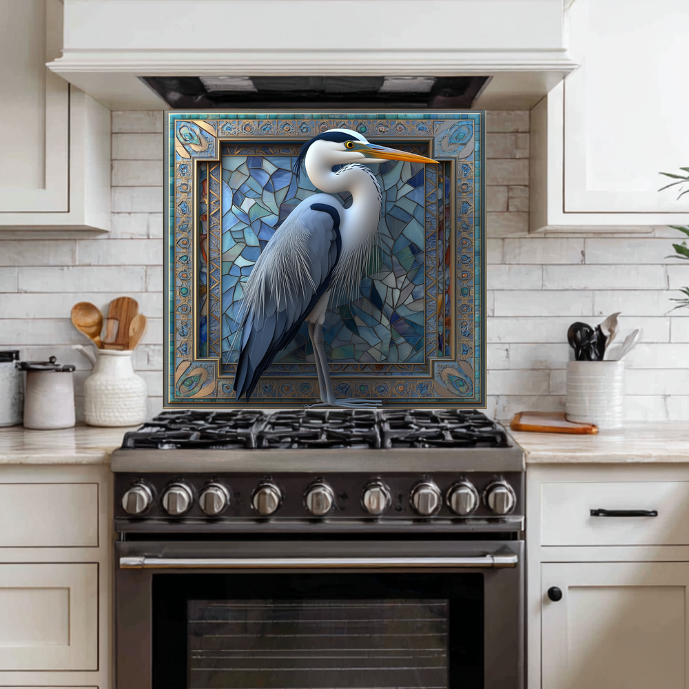 Blue Heron Glass Backsplash, Tempered Glass Wall Art Panel, Coastal Bird Kitchen Backsplash, Modern Wildlife Glass Splashback Decor