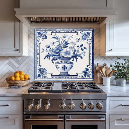 Delft Blue Vase One Piece Tempered Glass Kitchen Splashback For Stove Behind, Kitchen Backsplash, Wall Art
