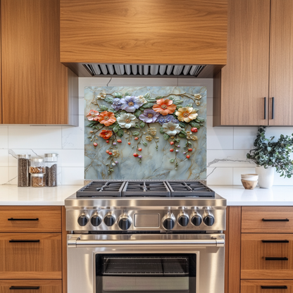 Embossed Flowers One Piece Tempered Glass Kitchen Splashback For Stove Behind, Kitchen Backsplash, Wall Art