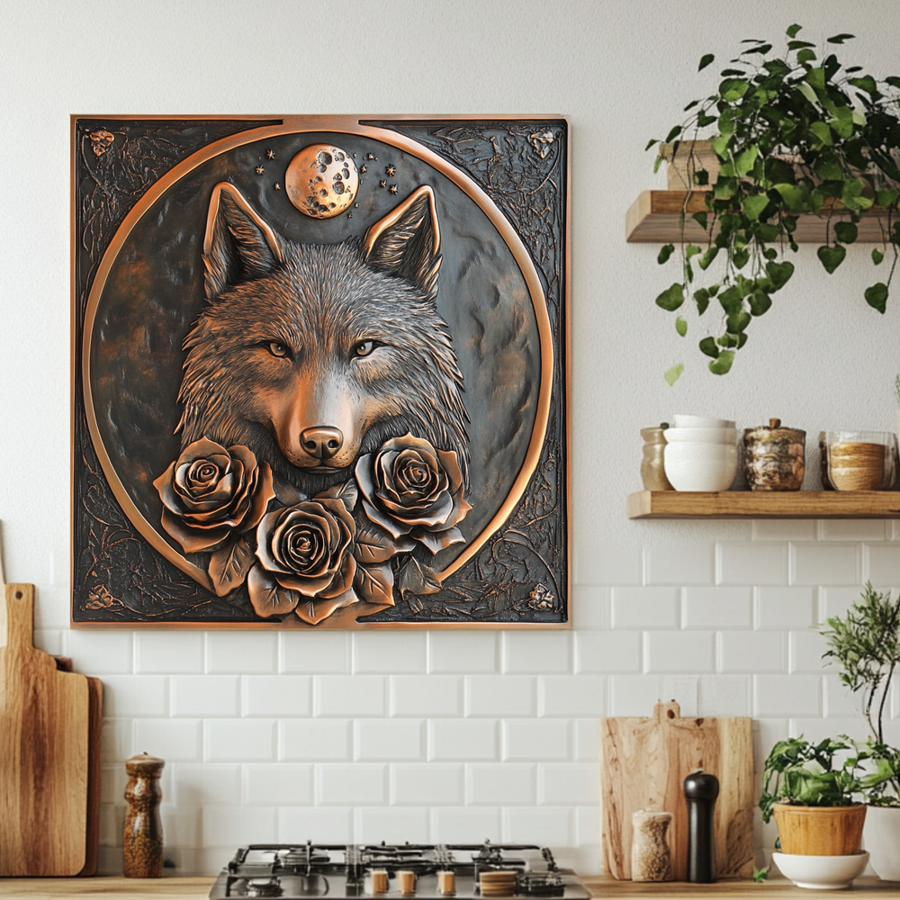 Copper Look Wolf and Roses Glass Backsplash Panel, Tempered Glass Wall Art, Rustic Kitchen Decor, Floral Wolf Design, Modern Stove Protector