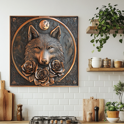Copper Look Wolf and Roses Glass Backsplash Panel, Tempered Glass Wall Art, Rustic Kitchen Decor, Floral Wolf Design, Modern Stove Protector