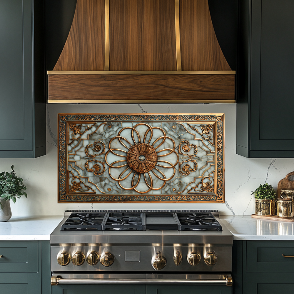 Copper Look Ottoman Tile Pattern Printed Tempered Glass Kitchen Backsplash Decorative Wall Panel for Stove Behind and Interior Decor