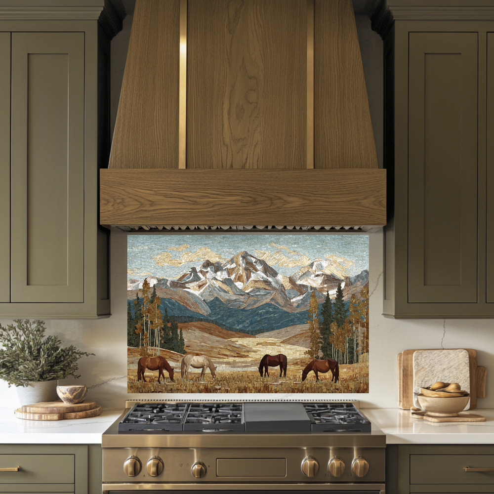 Nature and Horses Mosaic Glass Backsplash • Rustic Kitchen Panel • Artistic Equestrian Wall Art • Scenic Animal Design