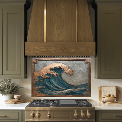 Copper Look Ocean Wave Glass Backsplash • Coastal Wall Art Panel • Artistic Blue Water Kitchen Decor • Textured Inspired Ocean Tile