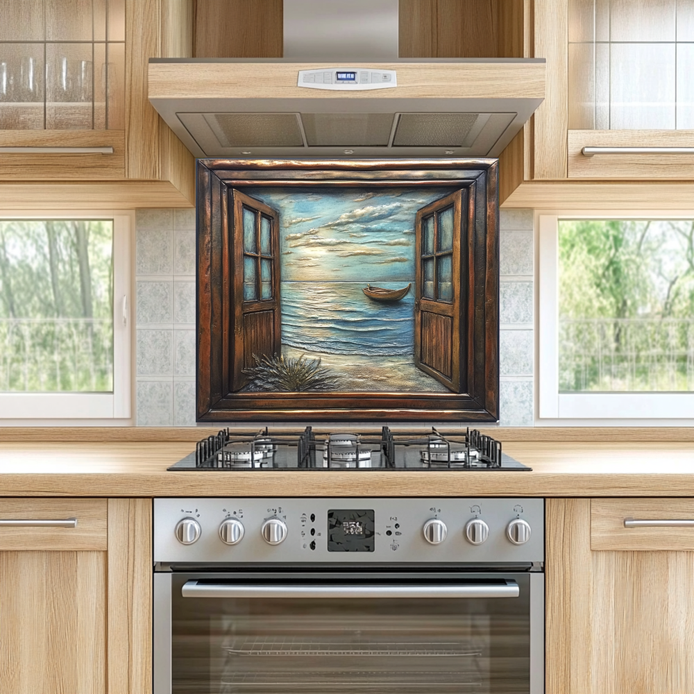 Wooden Window Prints One Piece Tempered Glass Kitchen Splashback For Stove Behind, Kitchen Backsplash, Wall Art