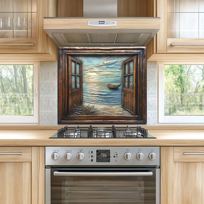 Wooden Window Prints One Piece Tempered Glass Kitchen Splashback For Stove Behind, Kitchen Backsplash, Wall Art