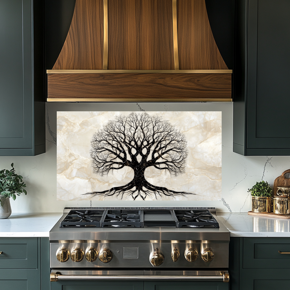 Marble Tree of Life Design Printed Tempered Glass Kitchen Backsplash Splashback Decorative Wall Art Panel for Modern Home Interiors