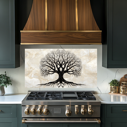 Marble Tree of Life Design Printed Tempered Glass Kitchen Backsplash Splashback Decorative Wall Art Panel for Modern Home Interiors