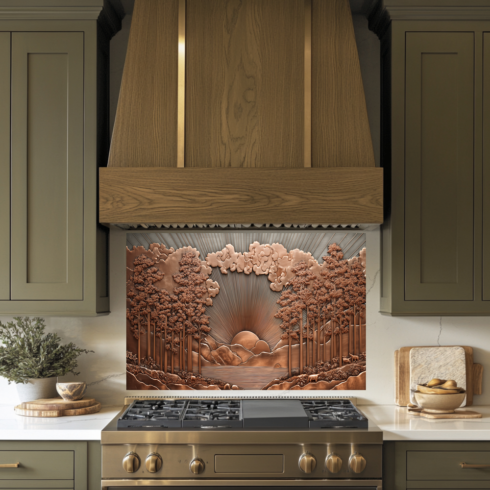 Copper Tone Sun Shine & Glass Tree Landscape Printed Tempered Glass Kitchen Backsplash Splashback or Wall Art Panel