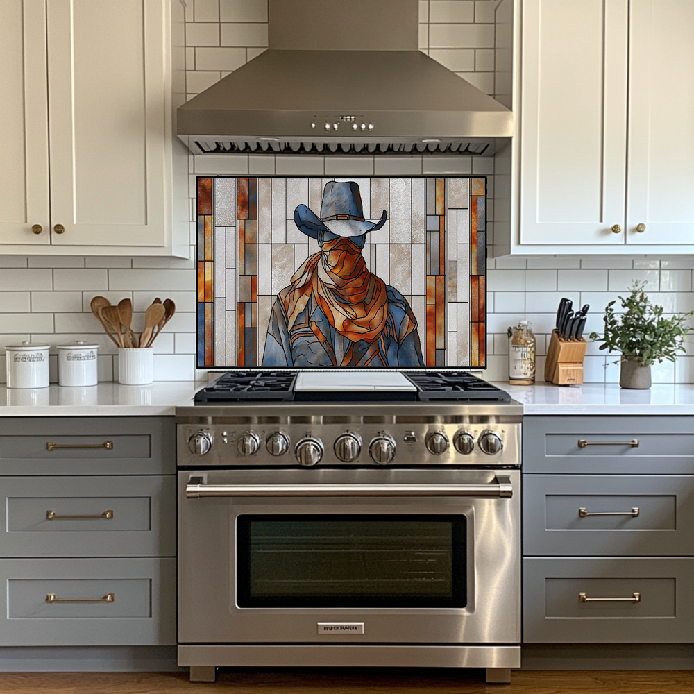 Stained Glass Style Western Cowboy Glass Backsplash Panel, UV Printed Tempered Kitchen Wall Art, Rustic Western Home Decor