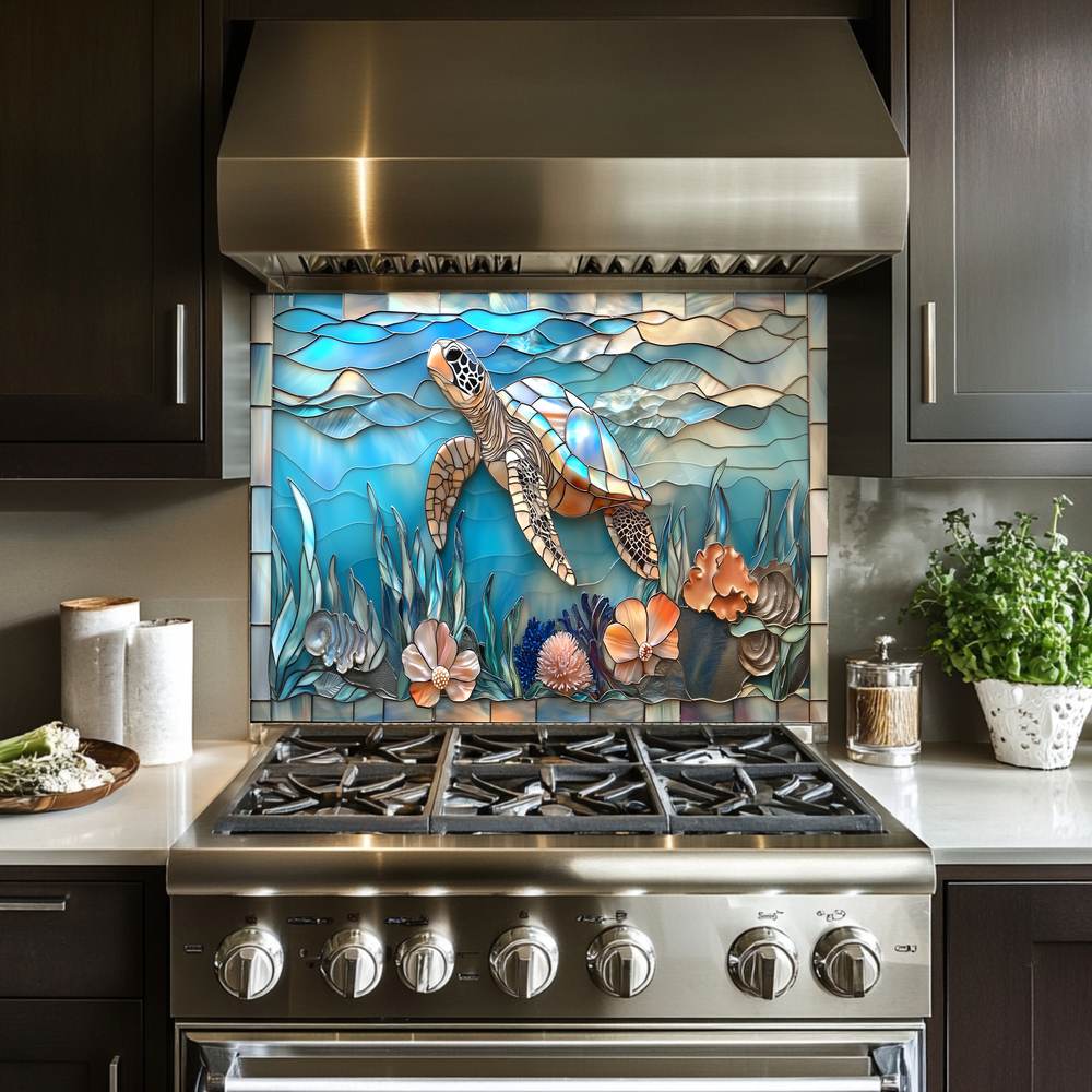Sea Turtle Print One Piece Tempered Glass Kitchen Splashback For Stove Behind, Kitchen Backsplash, Wall Art, Kitchen Backsplash, Wall Art