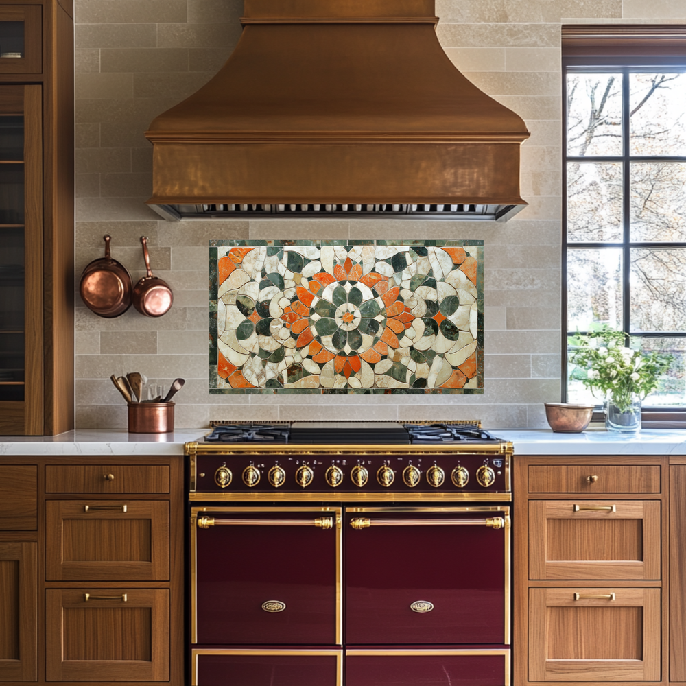 American Made Floral Mosaic Look Glass Backsplash Behind Stove – Rustic Farmhouse Kitchen Backsplash Tile, Flower Leaf Splashback