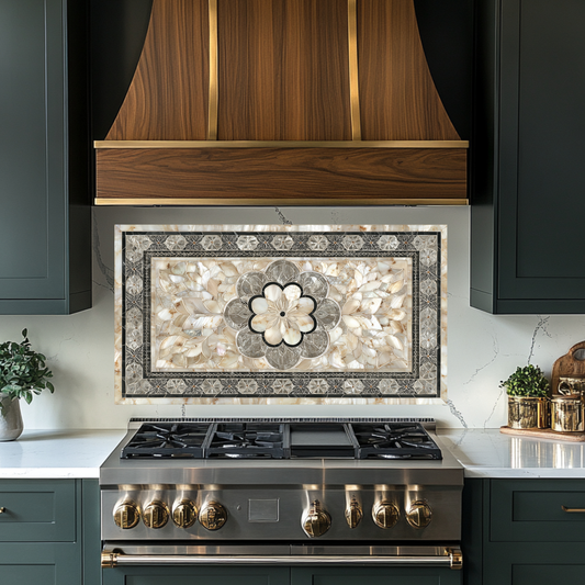 Ottoman Pattern on Marble Print Background Glass Backsplash for Kitchen Stove, Custom Wall Art, Heat-Resistant Kitchen Decor