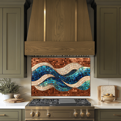 Mosaic Copper Ocean Wave Glass Backsplash • Coastal Wall Art Panel • Artistic Blue Water Kitchen Decor • Textured Nautical Design