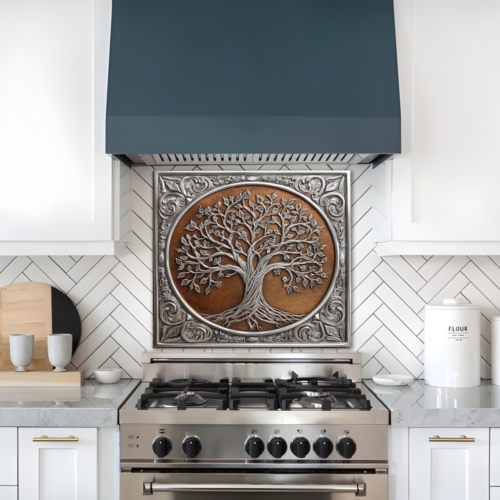 Glass Backsplash, Copper Look One Piece Tempered Glass Kitchen Splashback for Stove Behind, Tree of Life Backsplash, Kitchen Backsplash
