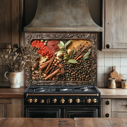 Copper Look Spices Print One Piece Tempered Glass Kitchen Splashback For Stove Behind, Kitchen Backsplash, Wall Art