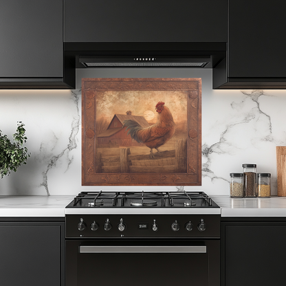 Copper Embossed Look Mediterranean Rooster Glass Backsplash • Rustic Kitchen Panel • Artistic Farmhouse Tile Design • Traditional Wall Piece