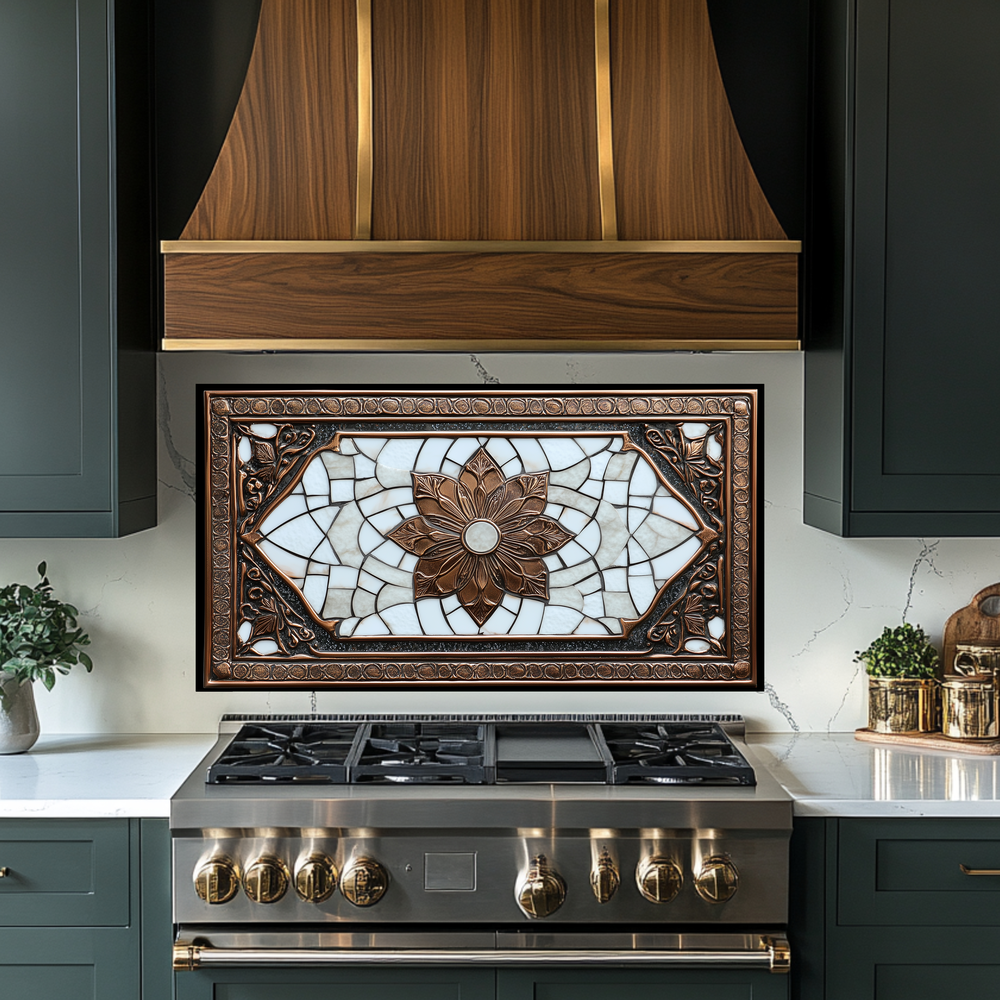 Copper Ottoman Tile Pattern Printed Tempered Glass Kitchen Splashback Backsplash Decorative Wall Panel for Stove Behind and Interior Decor