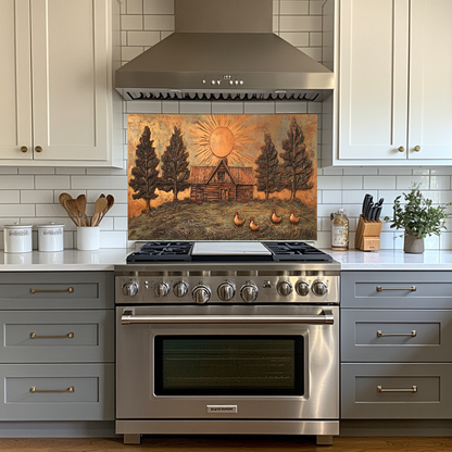 Copper Look Nature and Roosters Landscape Glass Backsplash • Rustic Wall Art Panel • Peaceful Home Decor • Decorative Tile for Stove Behind