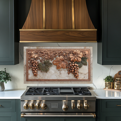 Copper Grape and Vine on Marble Design Printed Tempered Glass Kitchen Backsplash Splashback Decorative Wall Panel for Modern Home Decor