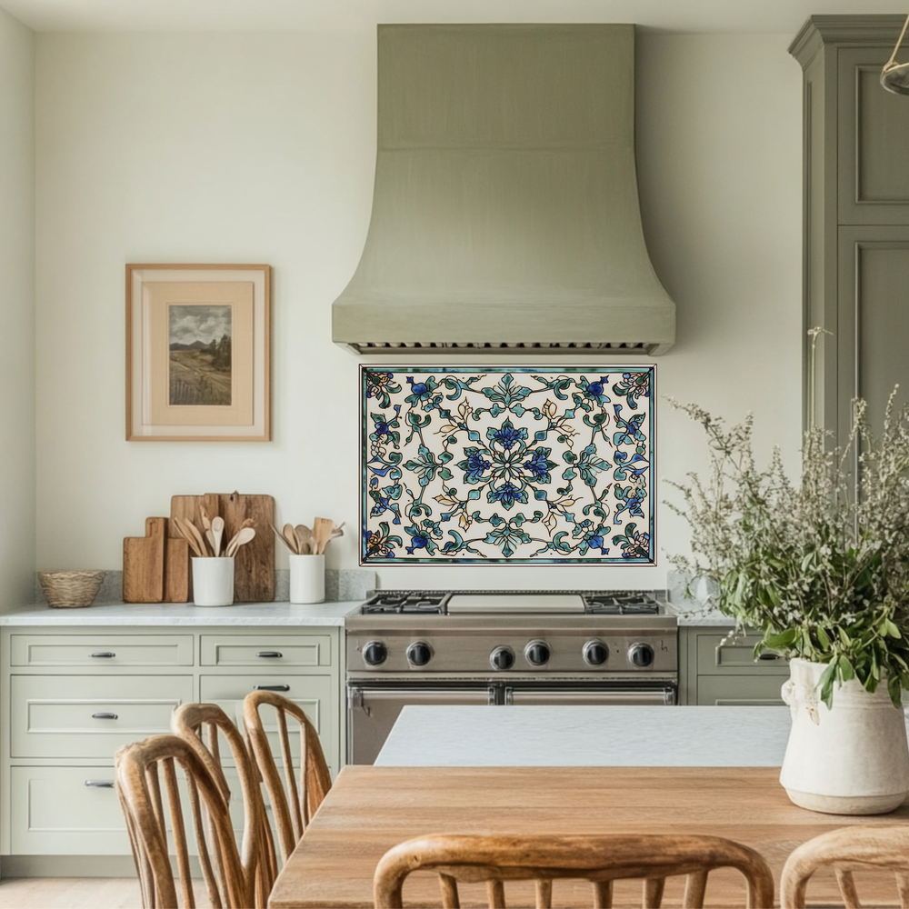 Ceramic Painting Look One Piece Tempered Glass Kitchen Splashback For Stove Behind, Kitchen Backsplash, Wall Art