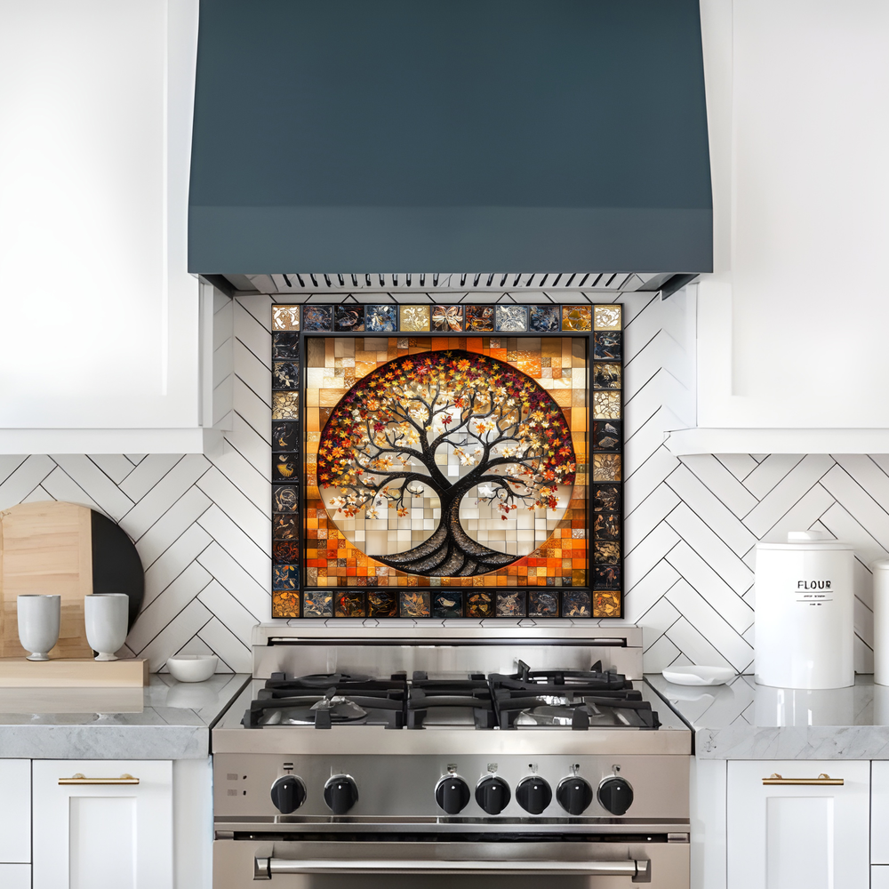 Stunning Life of Tree Mosaic Look One Piece Tempered Glass Kitchen Backsplash for Stove Behind, Kitchen Splashback, Glass Wall Art