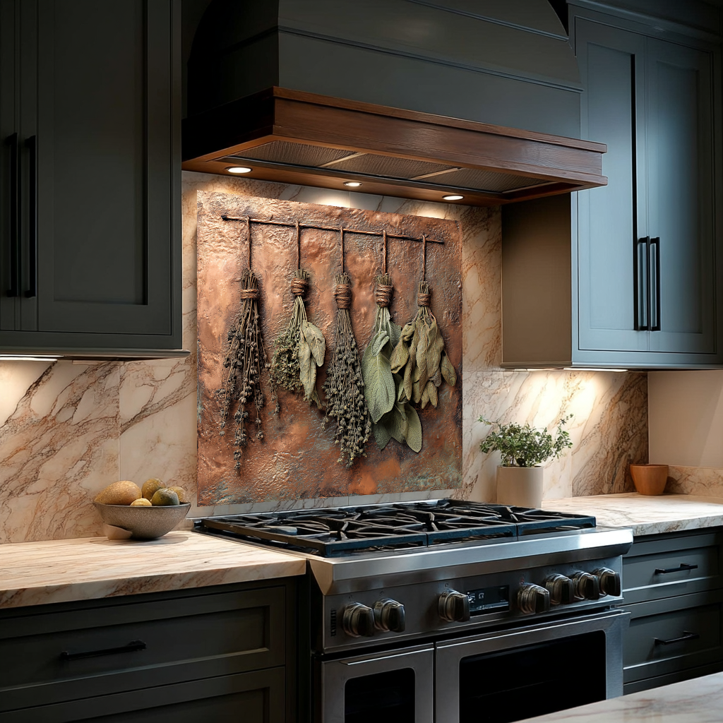 Dried Herbs and Spices Hanging Design Printed Tempered Glass Kitchen Backsplash Splashback Decorative Wall Panel, Modern Rustic Home Decor