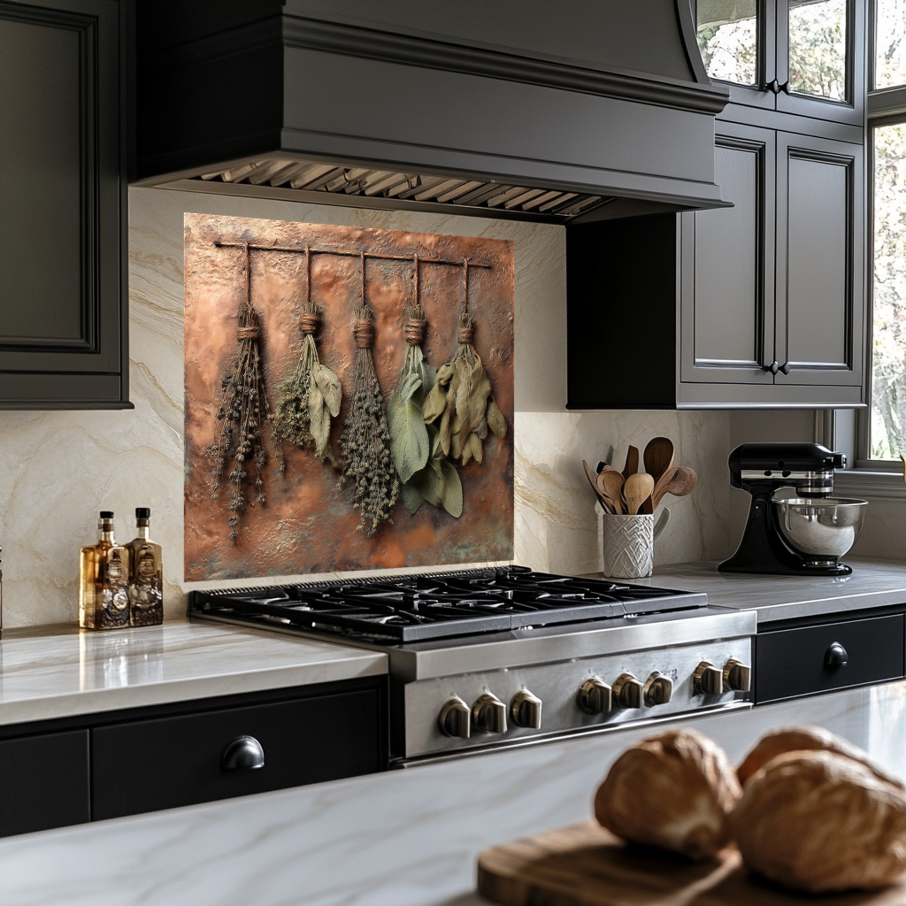 Dried Herbs and Spices Hanging Design Printed Tempered Glass Kitchen Backsplash Splashback Decorative Wall Panel, Modern Rustic Home Decor