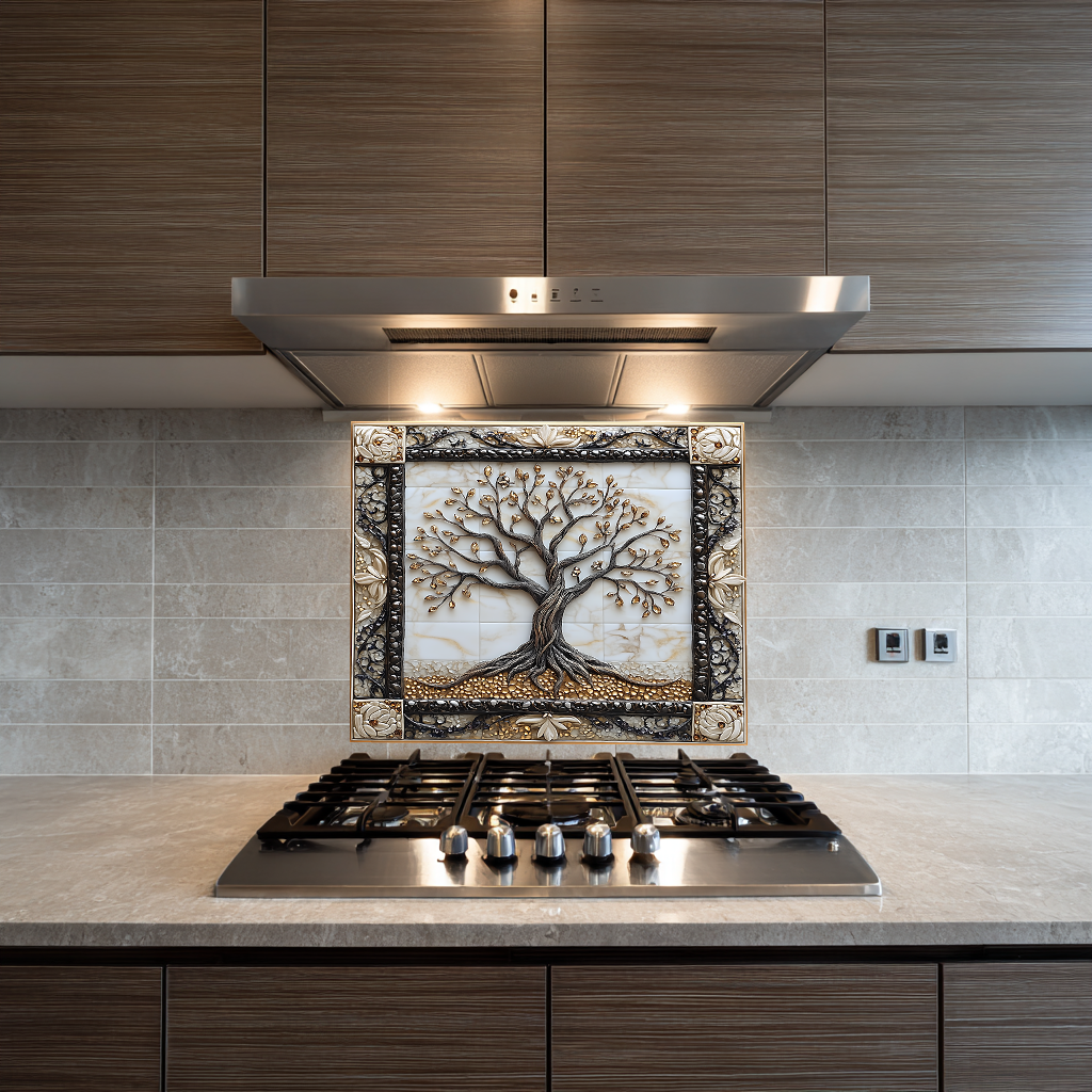 Attractive Life of Tree Framed Look One Piece Tempered Glass Kitchen Backsplash for Stove Behind, Kitchen Splashback, Glass Wall Art