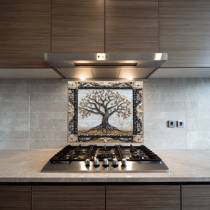 Attractive Life of Tree Framed Look One Piece Tempered Glass Kitchen Backsplash for Stove Behind, Kitchen Splashback, Glass Wall Art