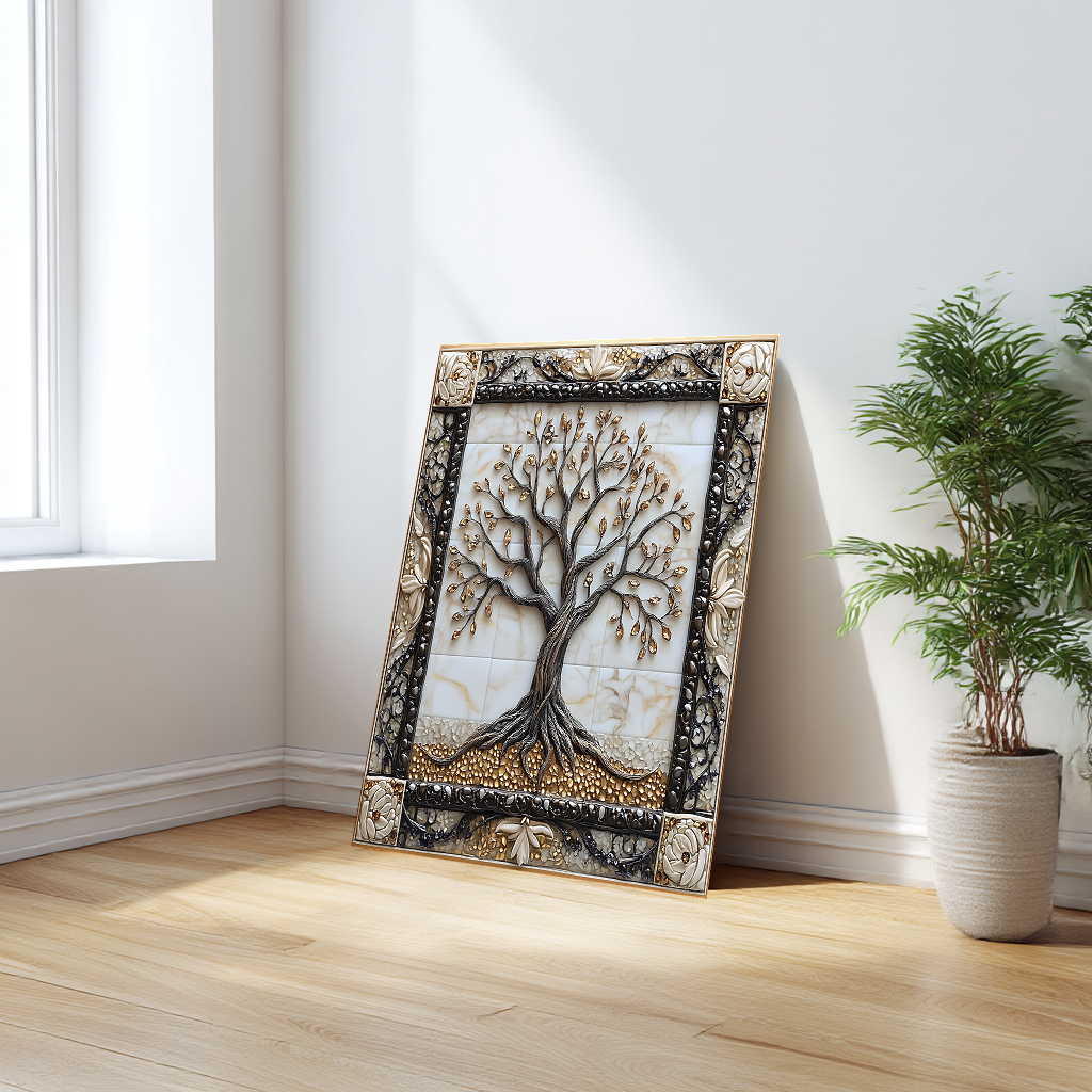 Attractive Life of Tree Framed Look One Piece Tempered Glass Kitchen Backsplash for Stove Behind, Kitchen Splashback, Glass Wall Art