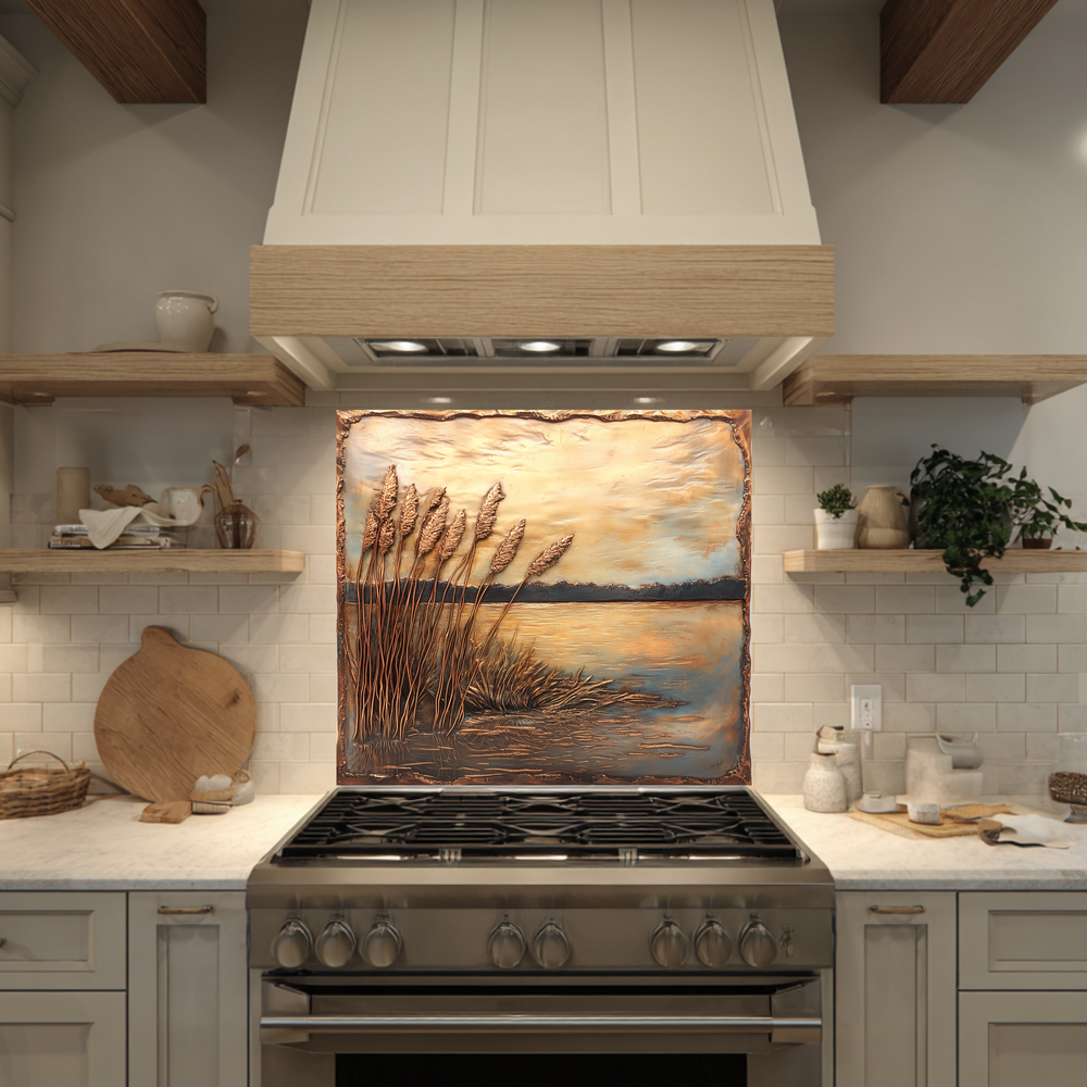 Copper Relief Look Reeds One Piece Tempered Glass Kitchen Splashback For Stove Behind, Kitchen Backsplash, Wall Art