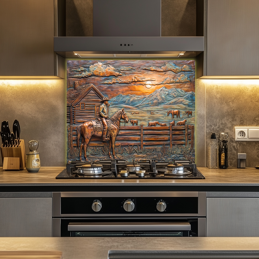 Copper Look Farm House One Piece Tempered Glass Kitchen Splashback For Stove Behind, Kitchen Backsplash, Wall Art