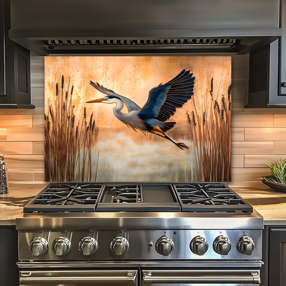 Copper Blue Heron Glass Backsplash Panel, Nature Inspired Kitchen Wall Art, Bird Theme Decorative Glass Tile, Rustic Coastal Home Decor