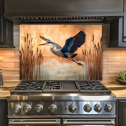 Copper Blue Heron Glass Backsplash Panel, Nature Inspired Kitchen Wall Art, Bird Theme Decorative Glass Tile, Rustic Coastal Home Decor