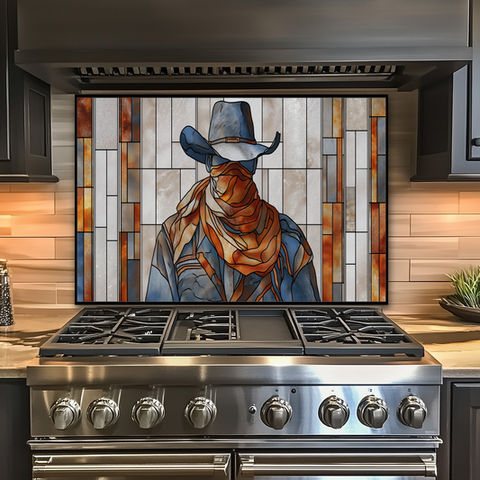 Stained Glass Style Western Cowboy Glass Backsplash Panel, UV Printed Tempered Kitchen Wall Art, Rustic Western Home Decor