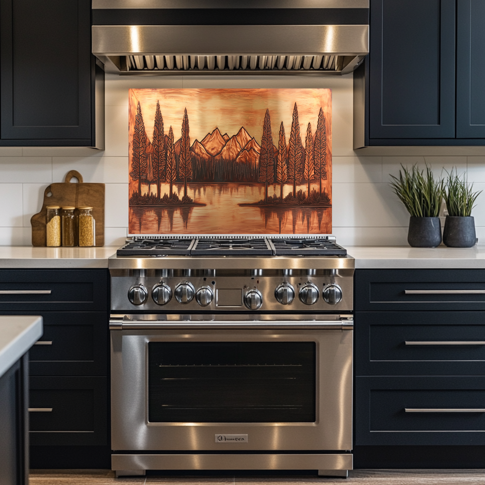 Copper Tone Mountain & Glass Tree Landscape Printed Tempered Glass Kitchen Backsplash Splashback or Wall Art Panel