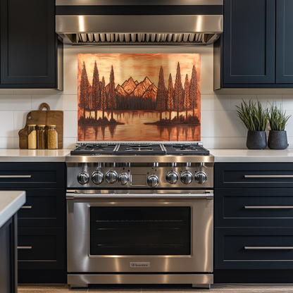 Copper Tone Mountain & Glass Tree Landscape Printed Tempered Glass Kitchen Backsplash Splashback or Wall Art Panel